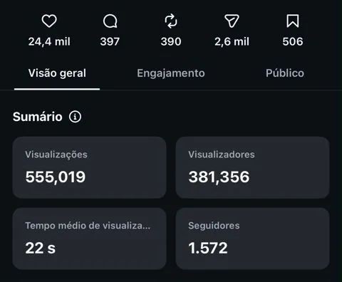 print real de insights do instagram: 555 mil visualizações